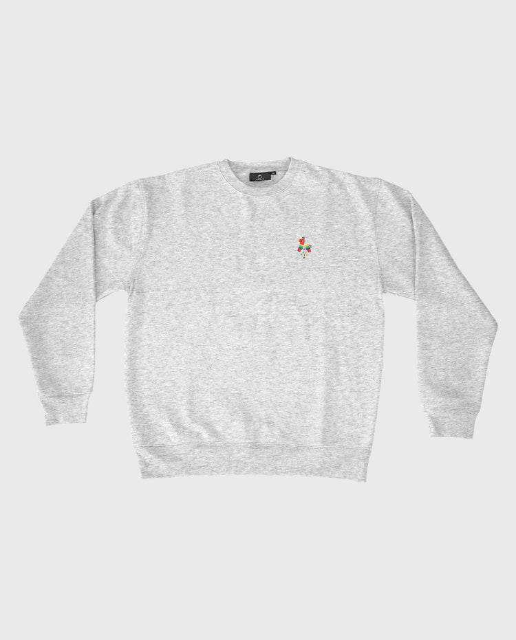 Pinata crewneck-sweater, heather grey, met kleine piñata-afbeelding op borst