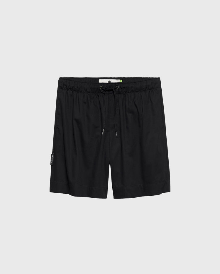 Zwarte werkshort achteraan met elastische tailleband en aantrekkoord.