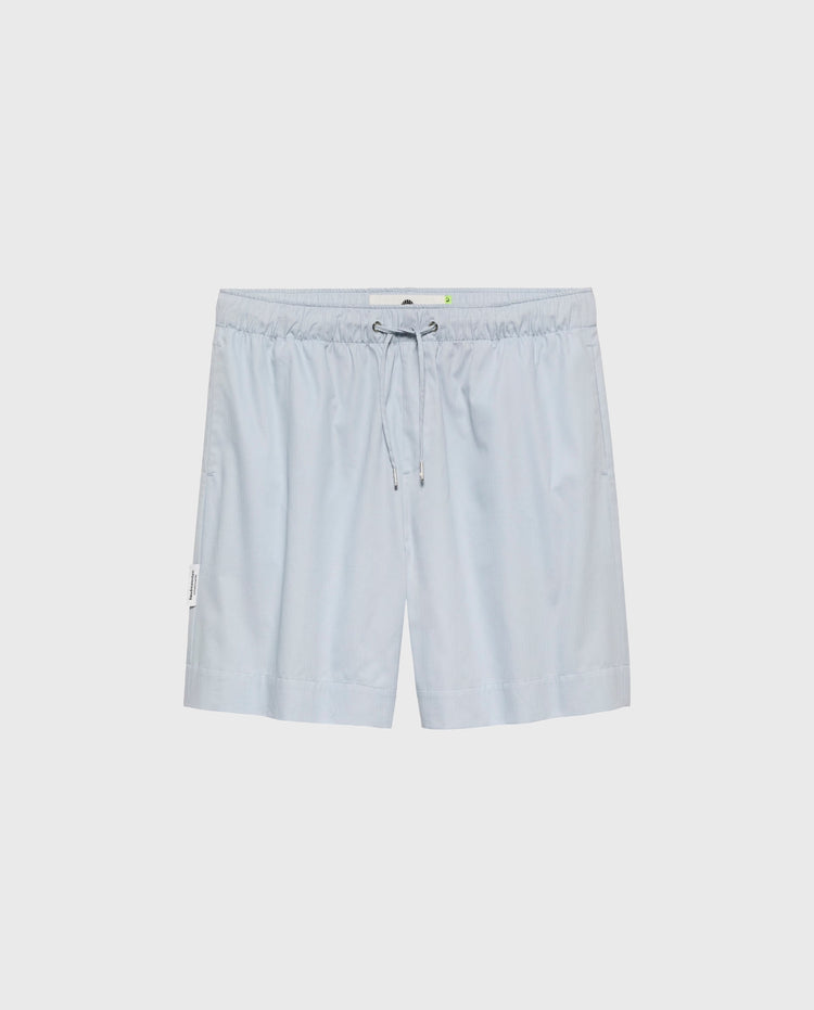 Blauwe werkshorts met trekkoord en voorzak, effen stof.