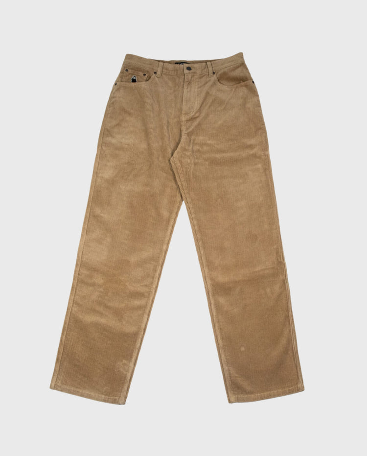 Ribcord broek bruin, knoop- en ritsluiting, achterzakken en rechte pijpen
