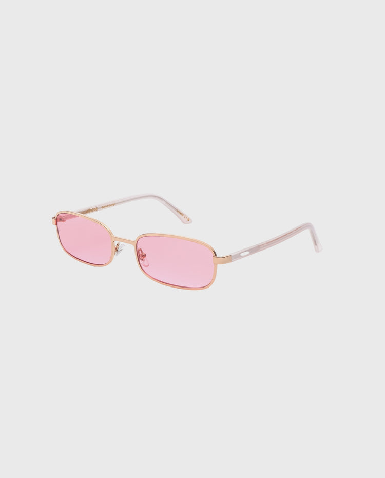 Roze-gouden zonnebril met roze lenzen, schuin zijaanzicht.