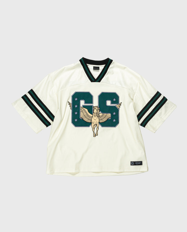 Pegasus boxy sportkleding off-white met V-hals, groene bies en G5-graphic