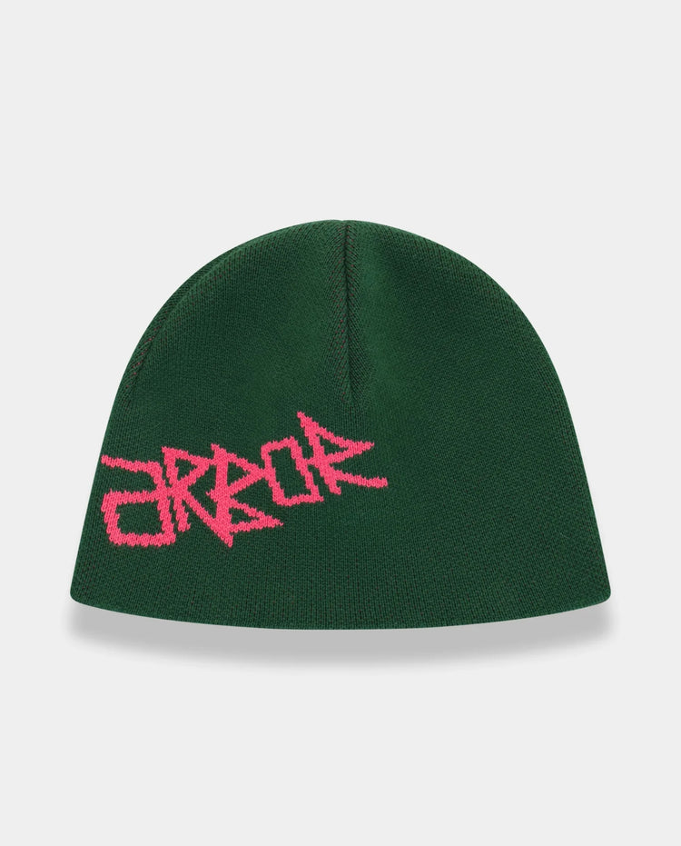 Groene beanie met roze Typo-letterprint op de voorkant
