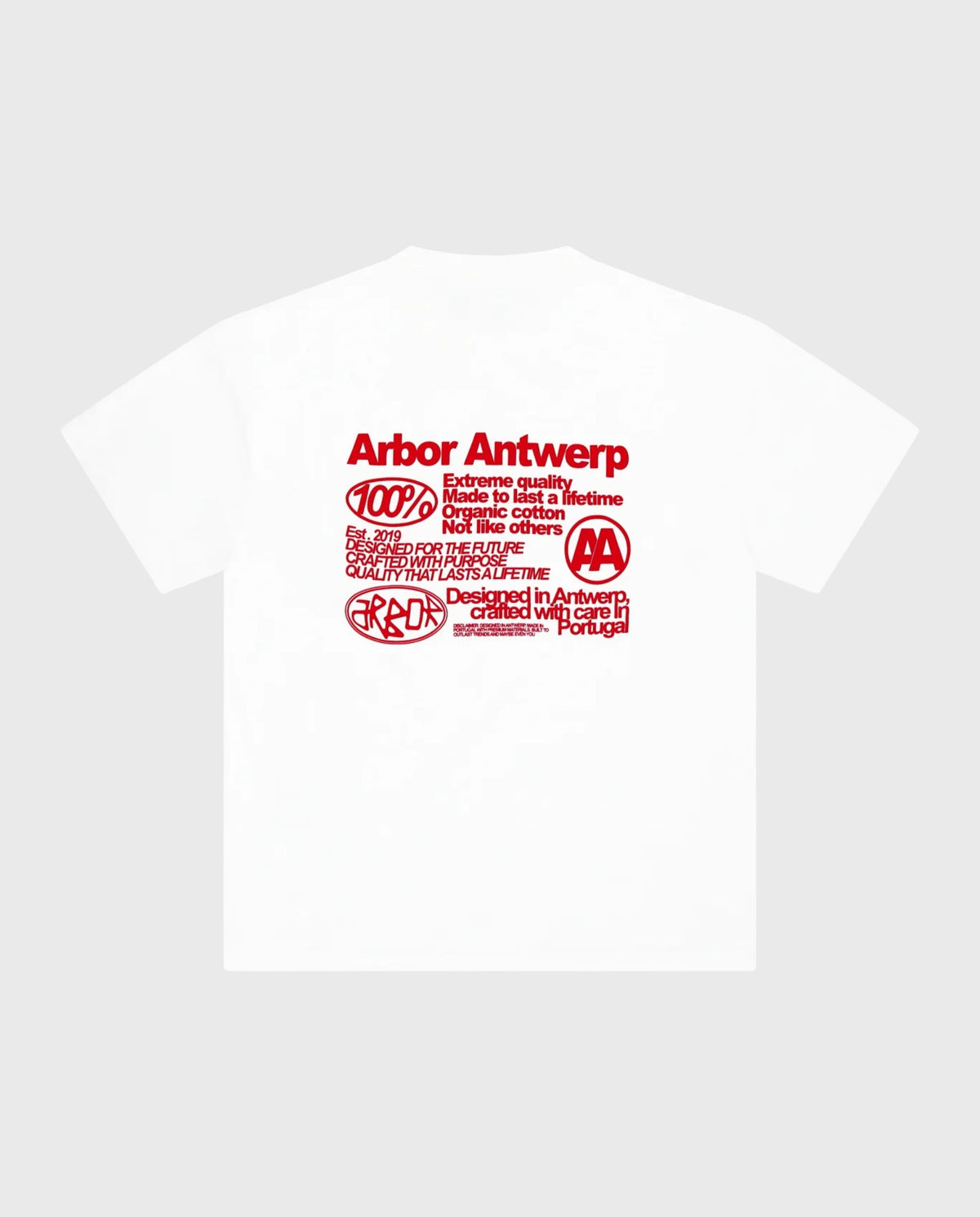 T-shirt met grote rode achterprint met tekst en emblemen