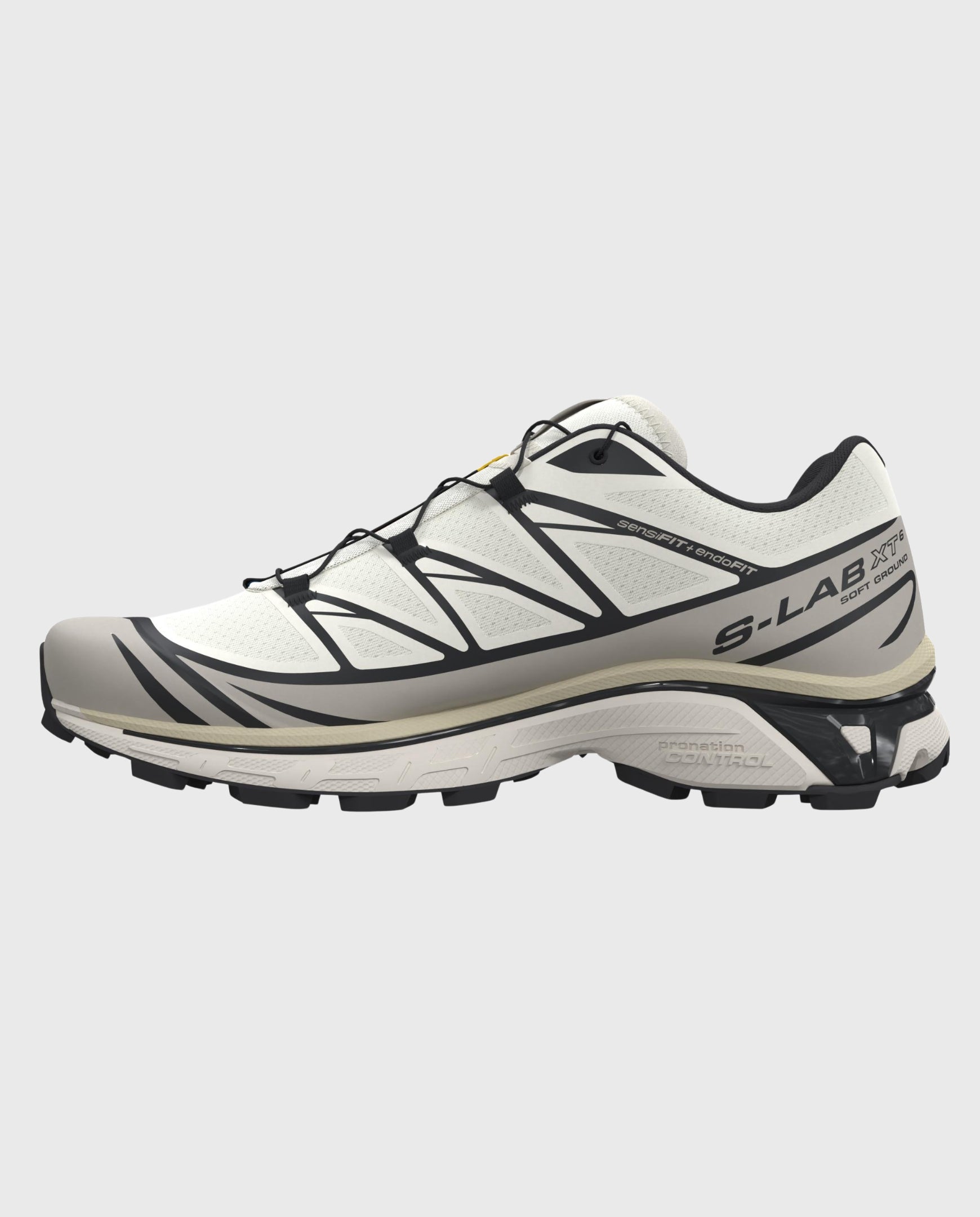 Salomon XT-6 sneaker S-LAB in wit met zwarte panelen en gele veters.