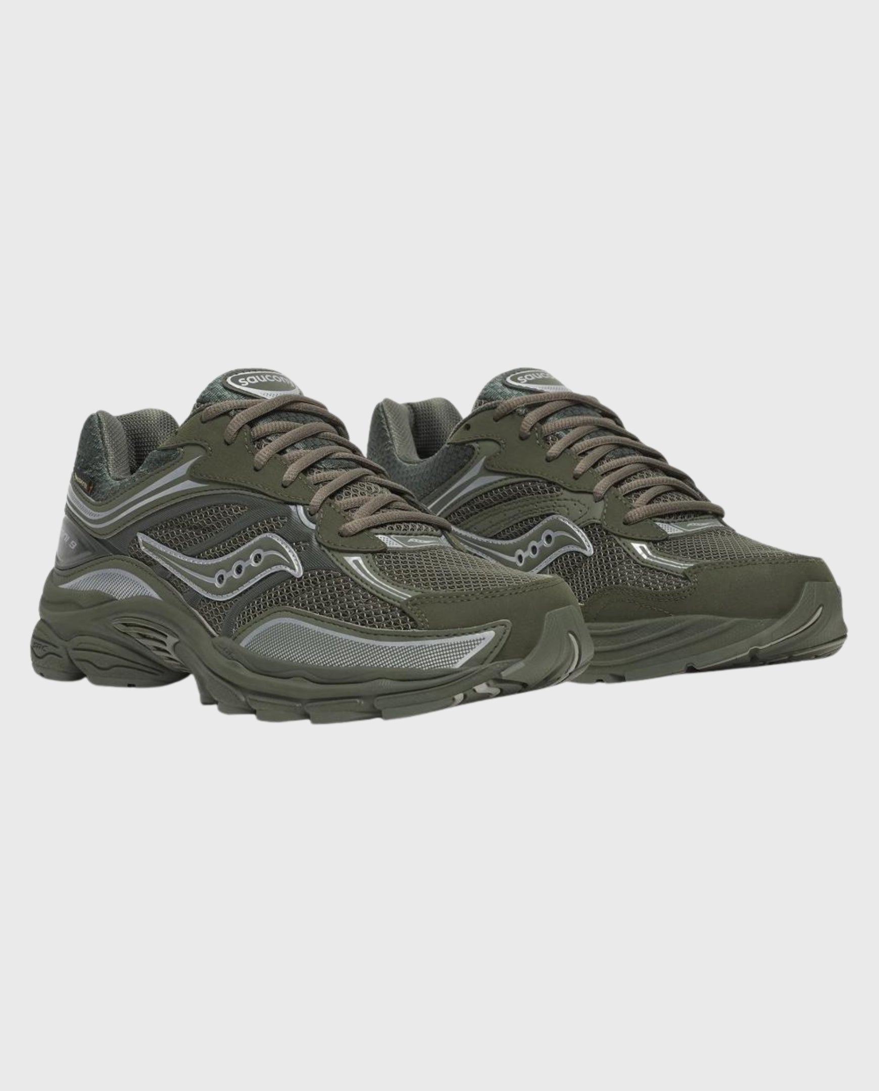 Saucony Progrid Omni 9 GTX herensneakers, donkergroen met zilveren overlays en veters