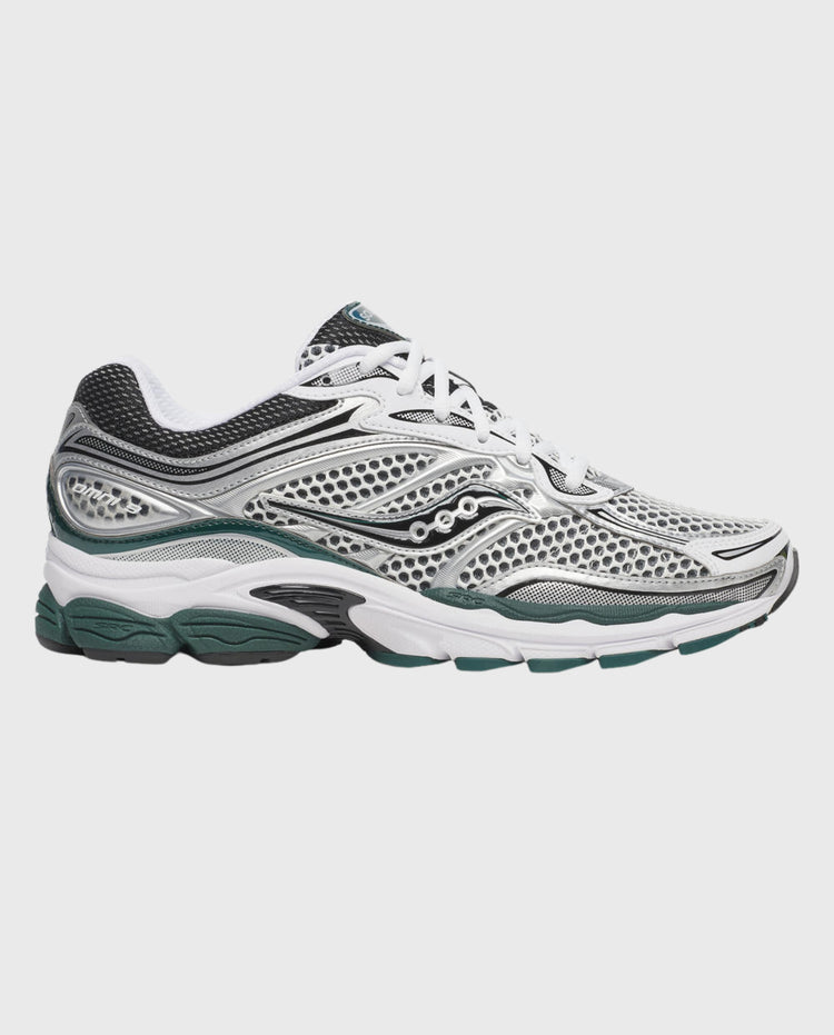 Saucony Progrid Omni 9 sneaker zijkant, wit mesh met denkgroene accenten en dikke tussenzool