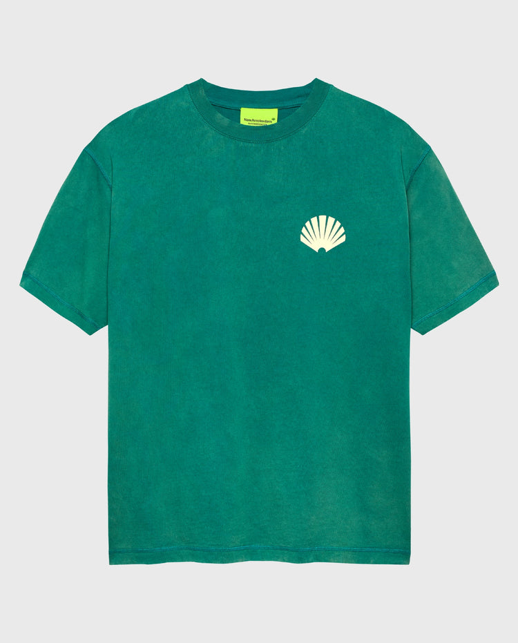 Logo t-shirt met klein geel schelpicoon, zeegroen katoen