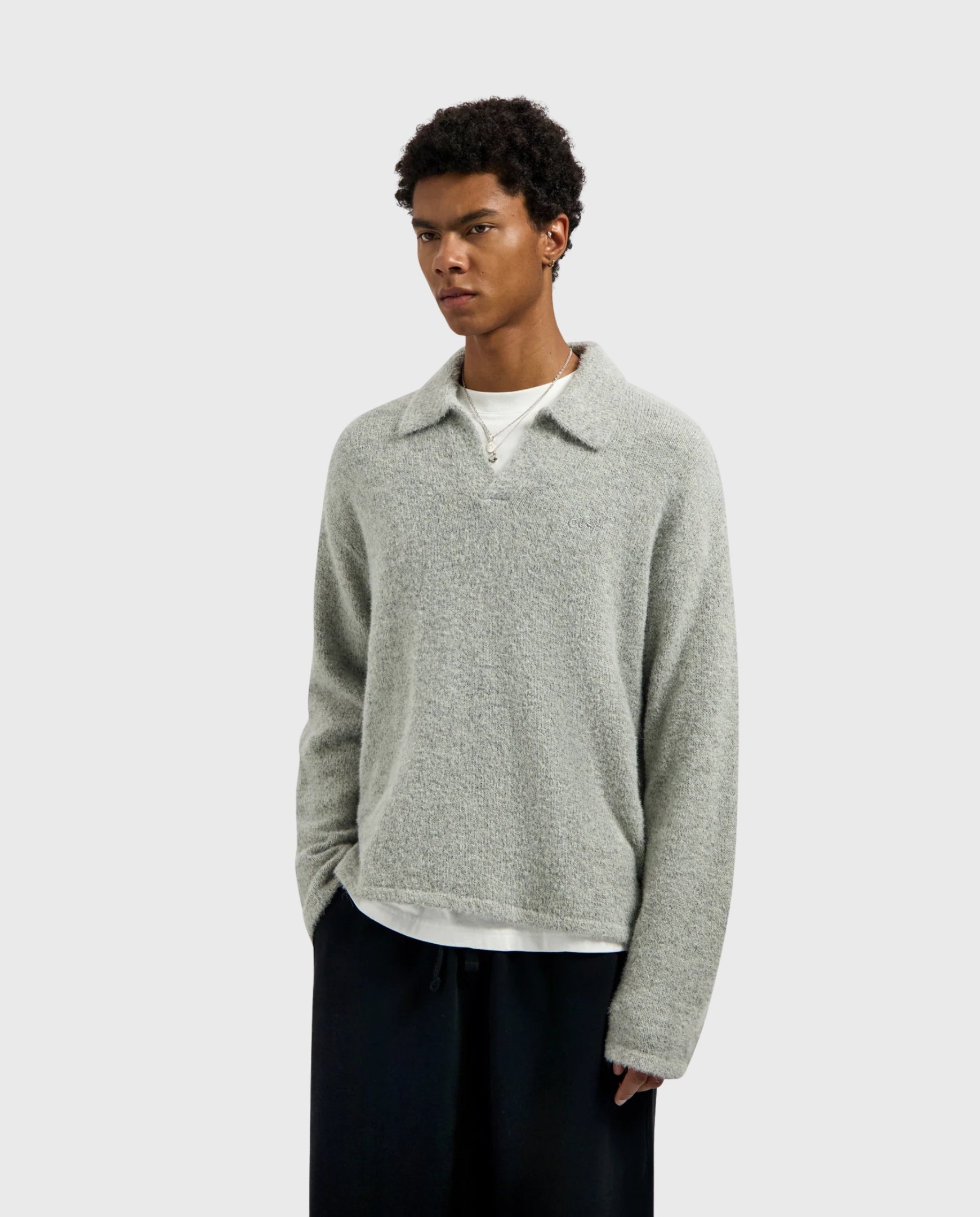 Olaf Signature Knitted Polo Heather Grey