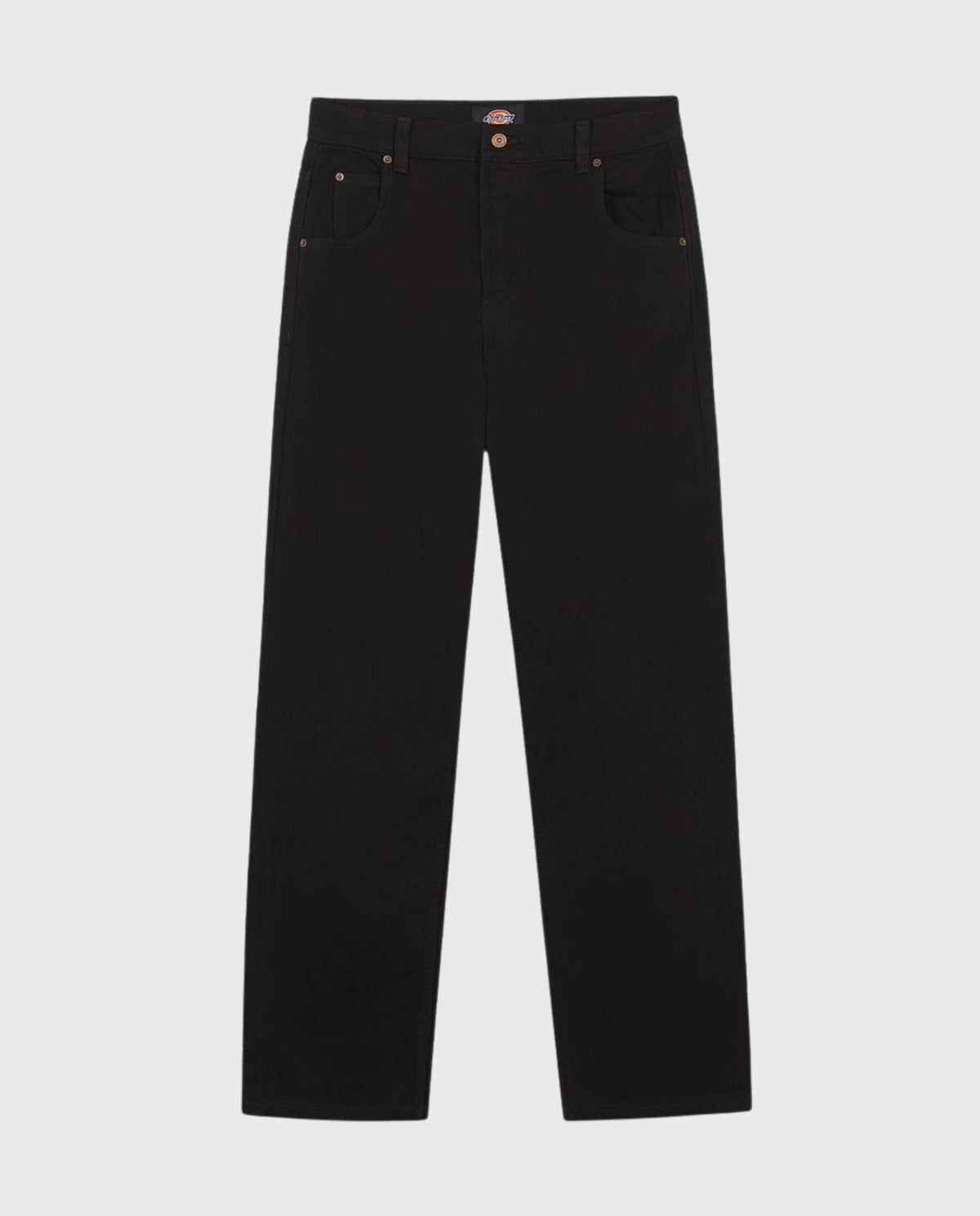 Zwarte denim jeans platgelegd, knoopsluiting en voorzakken met logo