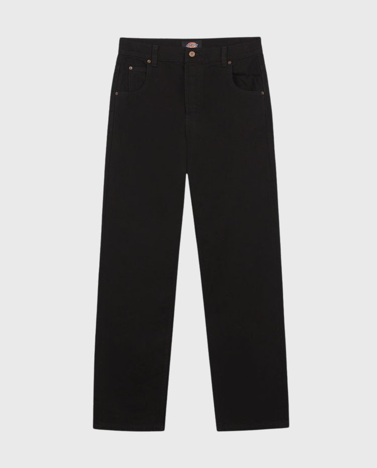 Zwarte denim jeans platgelegd, knoopsluiting en voorzakken met logo