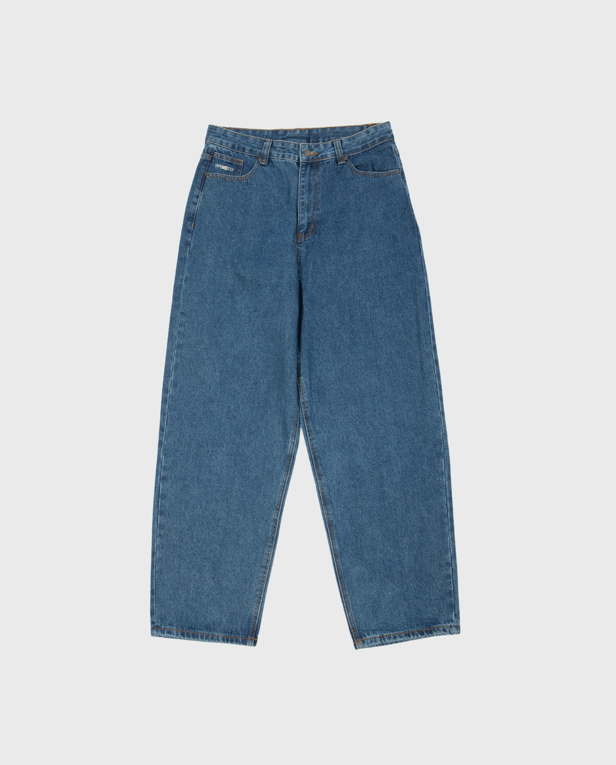 Casper-spijkerbroek met wijde pijpen, blauwe denim, knoop- en ritssluiting, riemlussen.