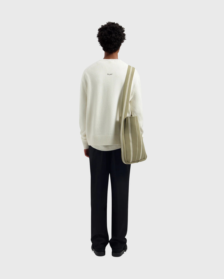 Gebreide ronde-hals trui off-white, achterzijde met merkopdruk en ribboord