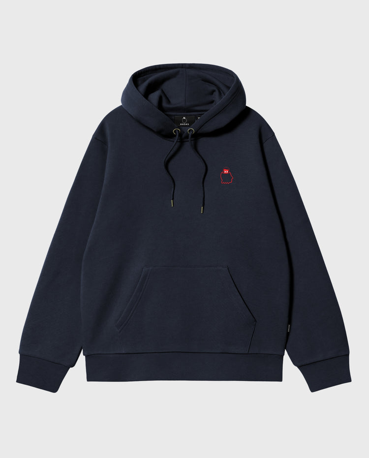 Marineblauwe hoodie met capuchon, kangoeroezak en rode detailprint op borst