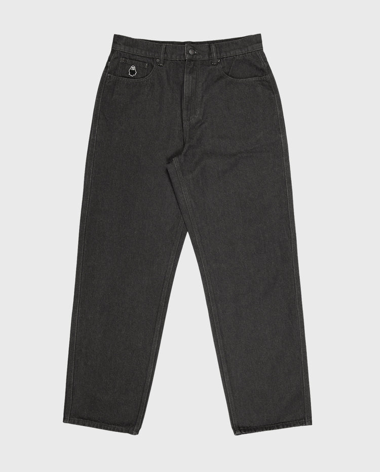 Donkergrijze denim jeans met riemlussen, knoop- en ritssluiting, achterzakdetail