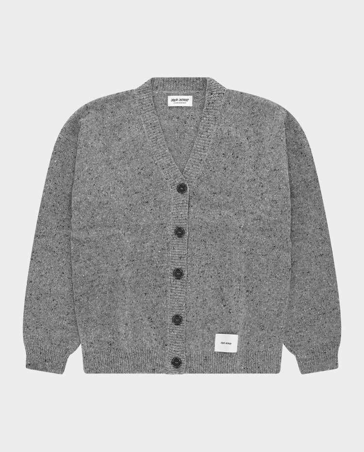 Grijs gebreid vest met V-hals, knoopsluiting en ribboord bij mouwen en zoom