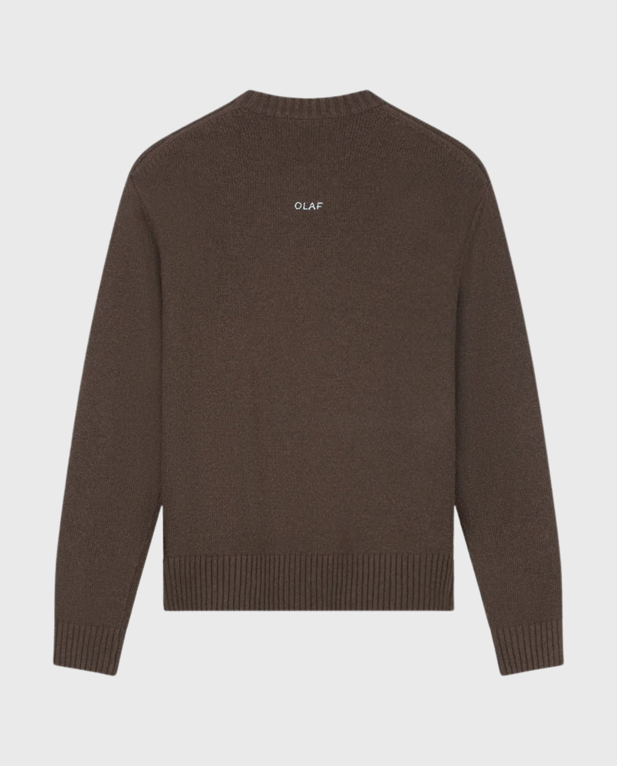 Gebreide crewneck trui voor heren, donkerbruin, geribde halsboord en manchetten.