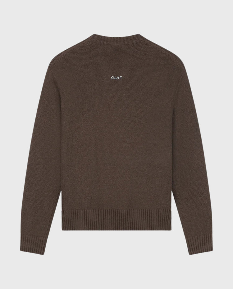 Gebreide crewneck trui voor heren, donkerbruin, geribde halsboord en manchetten.