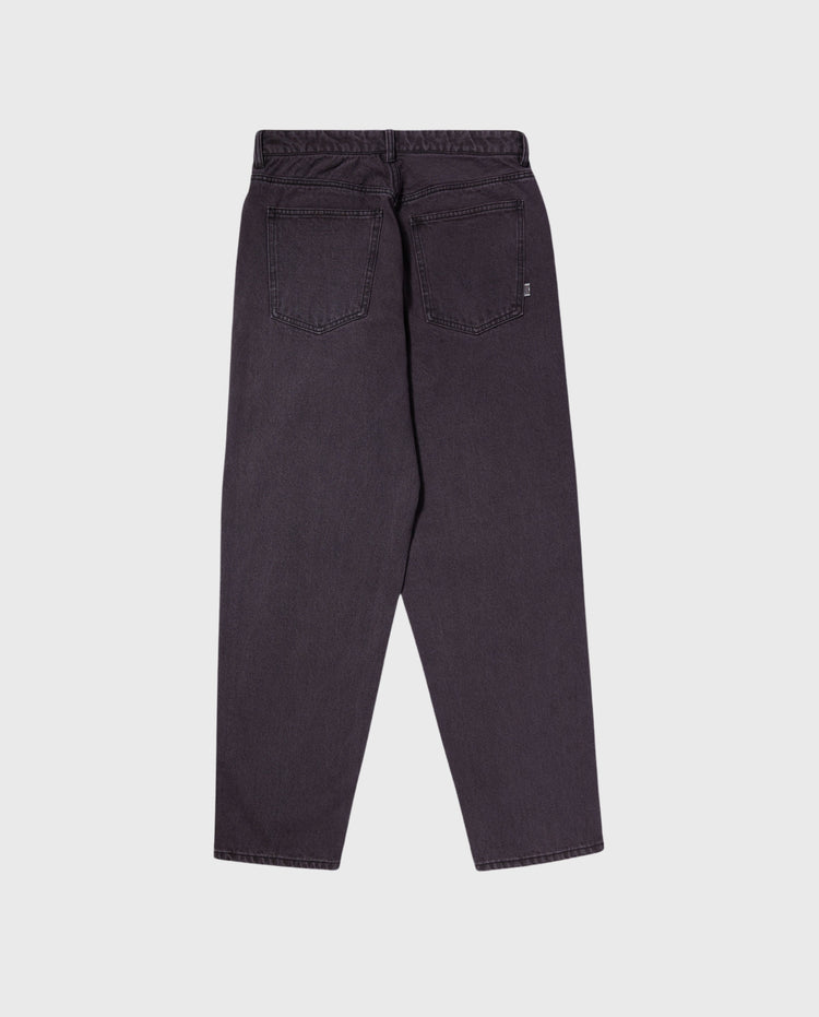 Donkerpaarse jeansbroek met tailleband en achterzakken
