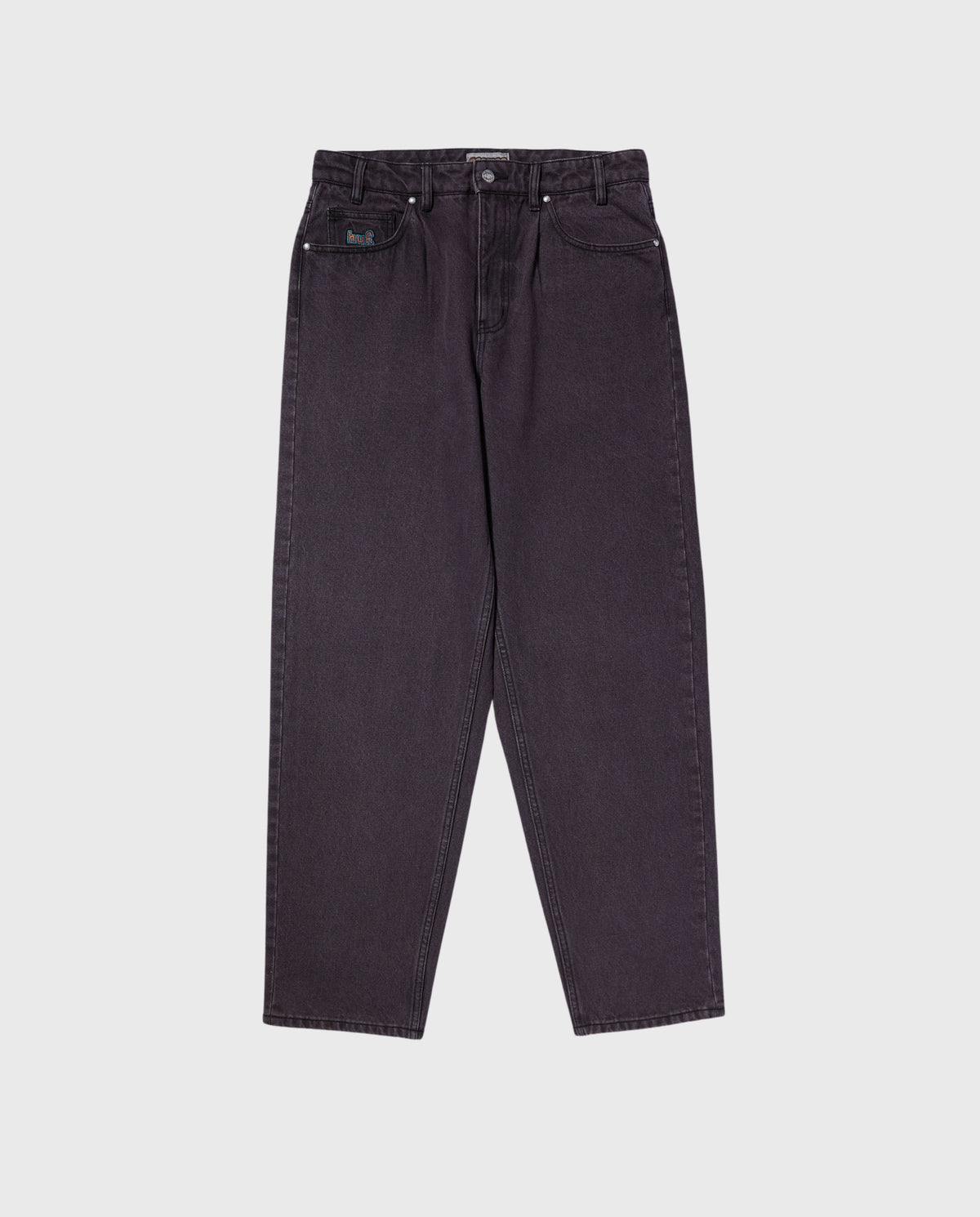 Wassen jeansbroek in donkerpaars met knoopsluiting, riemlussen en voorzakken