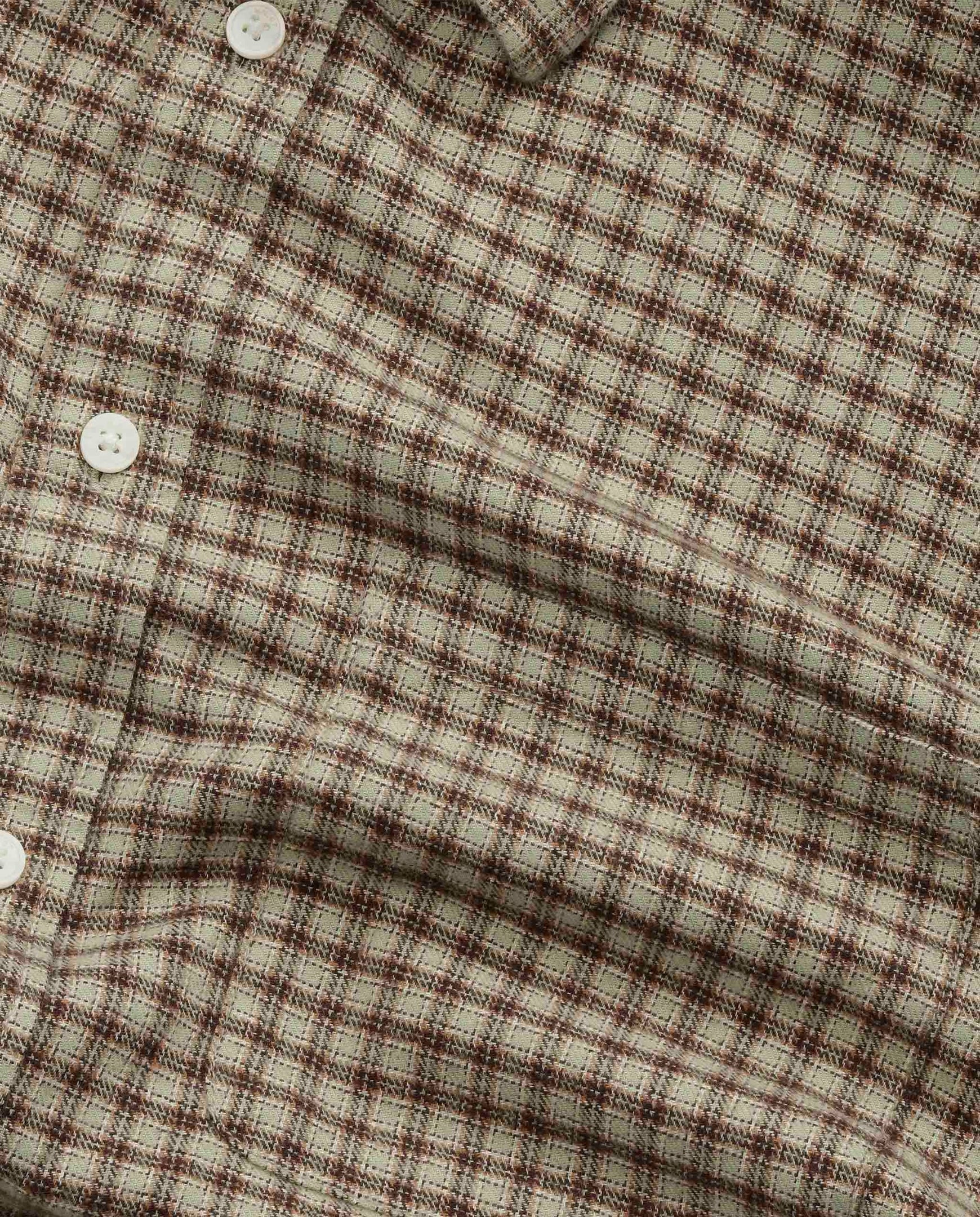 Ruitoverhemdstof met beige basis en bruin/blauwe micro-ruit