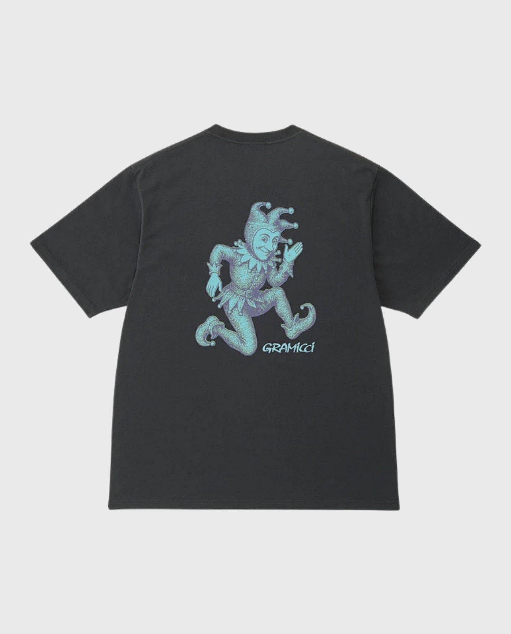 Zwarte T-shirt met ronde hals en blauwe frontprint