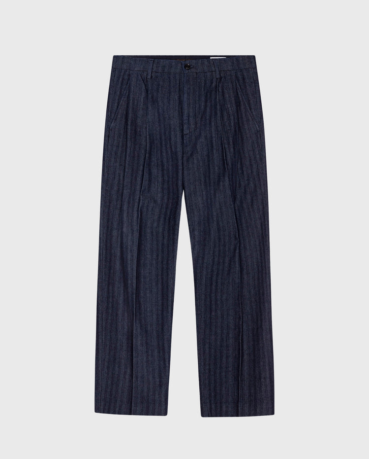 Donkerblauwe Justin denim broek met knoopsluiting en riemlussen