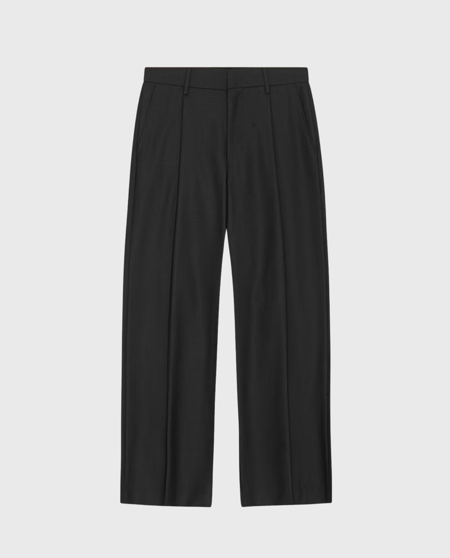 Zwarte pantalonbroek plat gelegd, knoopsluiting en riemlussen
