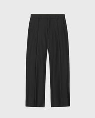 Zwarte pantalonbroek plat gelegd, knoopsluiting en riemlussen