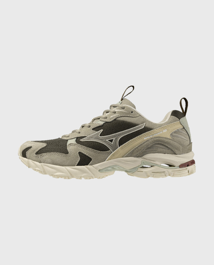Mizuno hardloopschoen met grijze/olijfgroene bovenkant, veters en witte zool