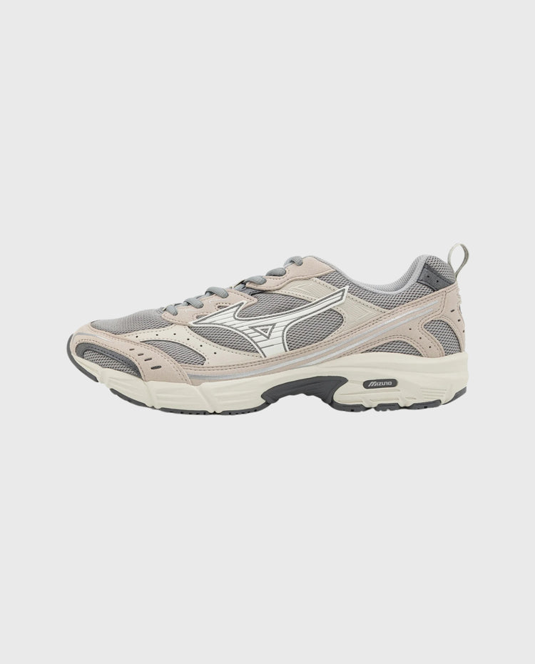 Mizuno hardloopsneaker in lichtgrijs met grijze details, veters en witte zool
