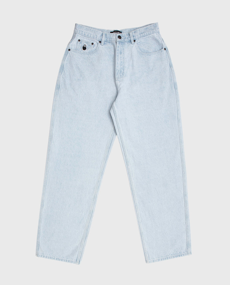 Lichtblauwe denim jeans met knopen aan taille, riemlussen en achterzakken