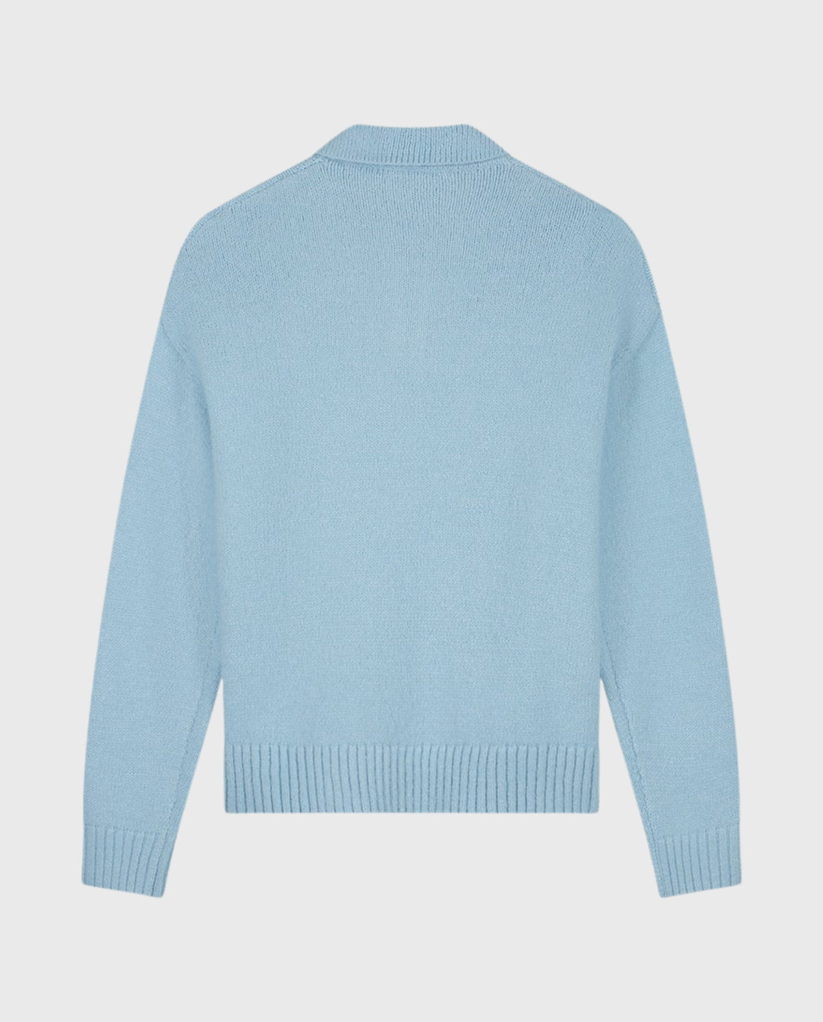 Blauwe oversized gebreide polo met opstaande kraag en knoopsluiting, lange mouwen