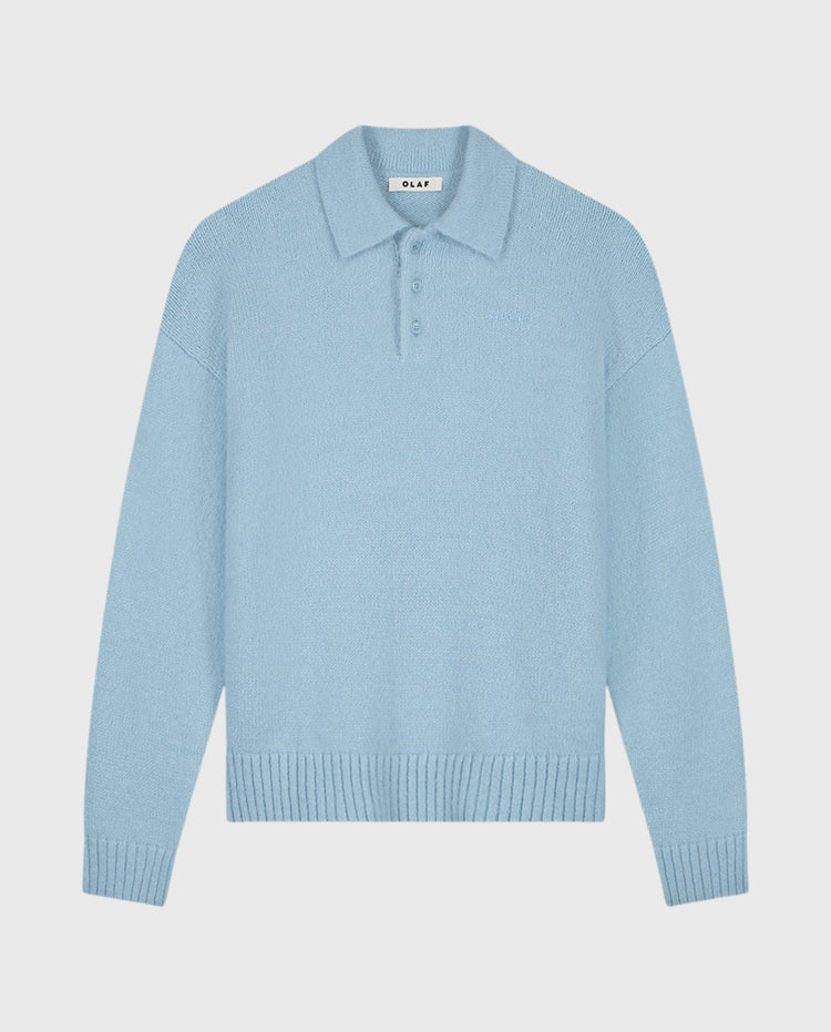 Blauwe gebreide polo met knoopsluiting, opstaande kraag en geribde onderzoom