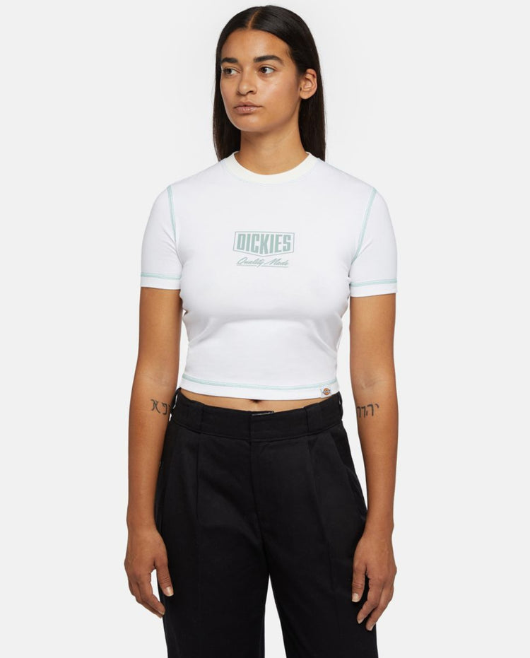 Wit slim-fit T-shirt met mint bies en Dickies-logo op de borst