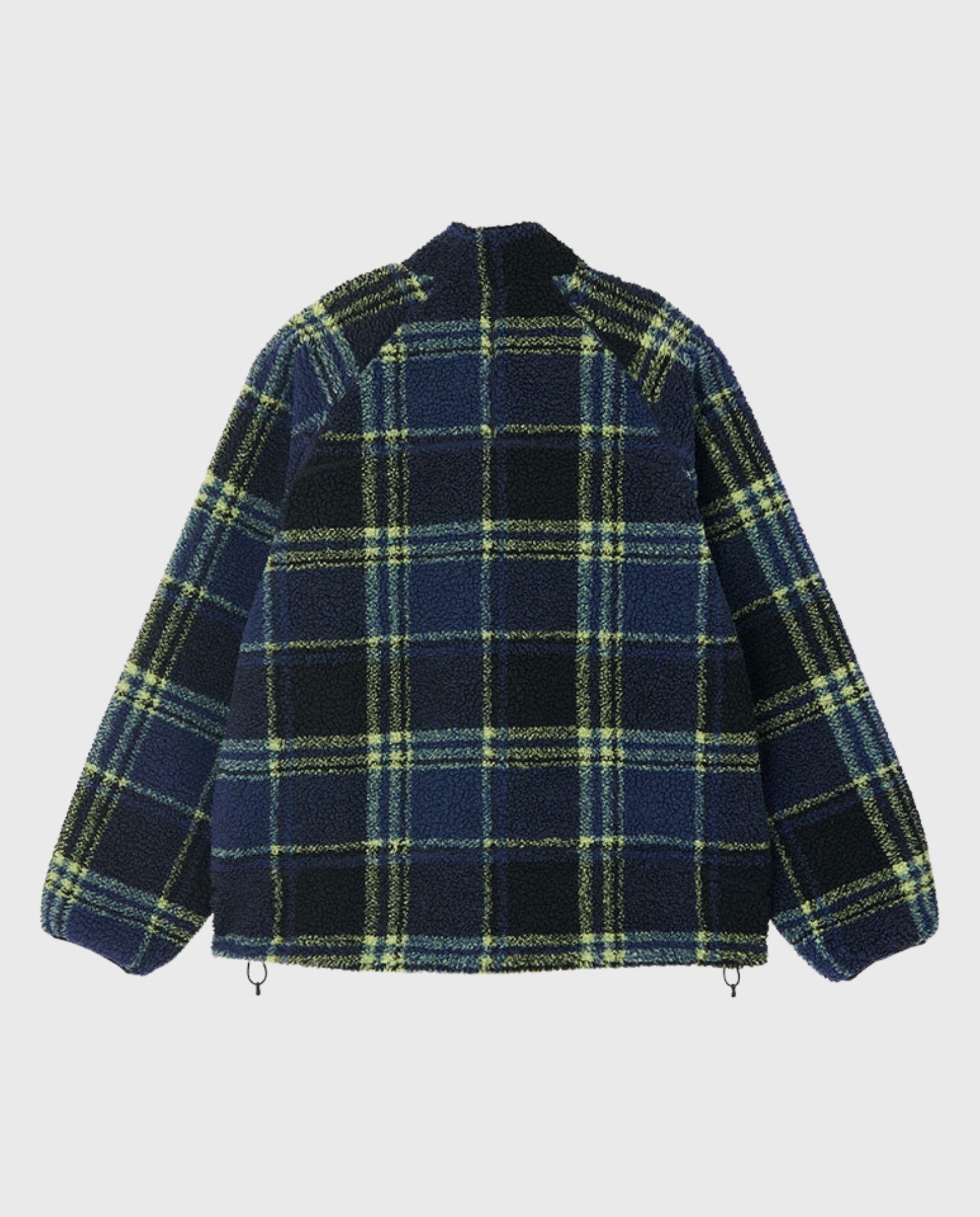 Reversible sherpa jas met donkerblauwe ruit, opstaande kraag en lange mouwen