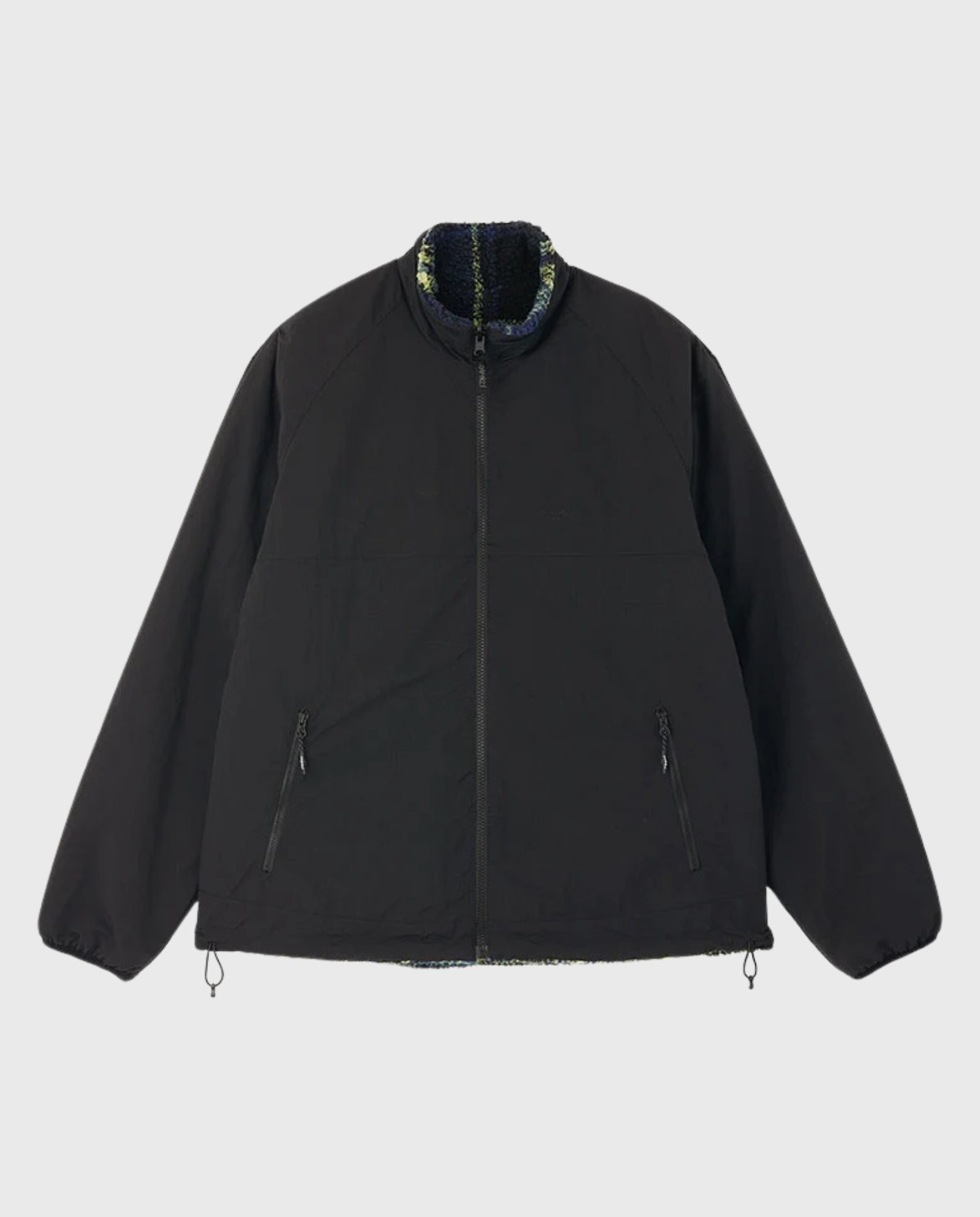 Zwarte reversible jas met rits, steekzakken en teddy-sherpa kraag