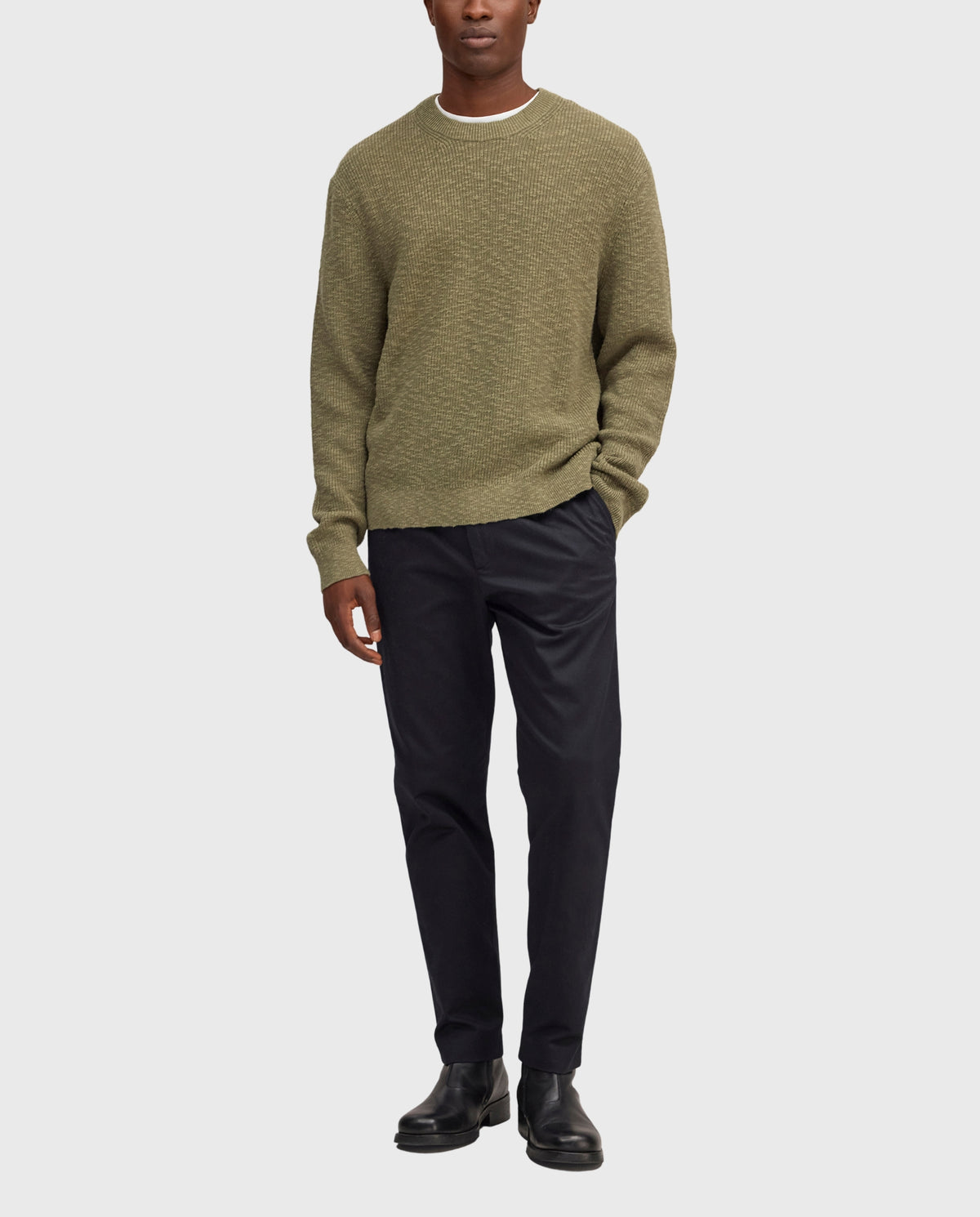 Olijfgroene crewneck trui met lange mouwen, ribboorden en ronde hals voor