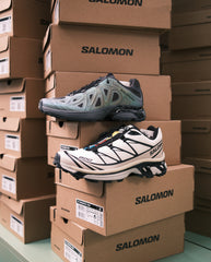 Salomon trailrunnerschoenen, boven grijs/groen en onder wit/zwart met profielzool