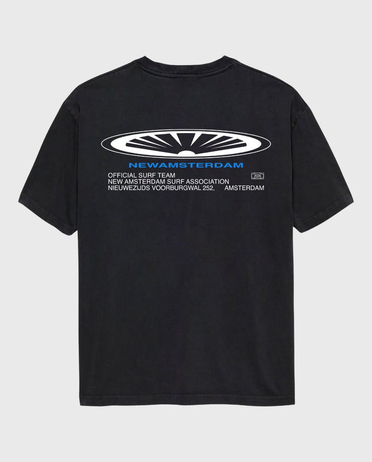 Shaper T-shirt, zwarte crewneck met grote borstprint en logo