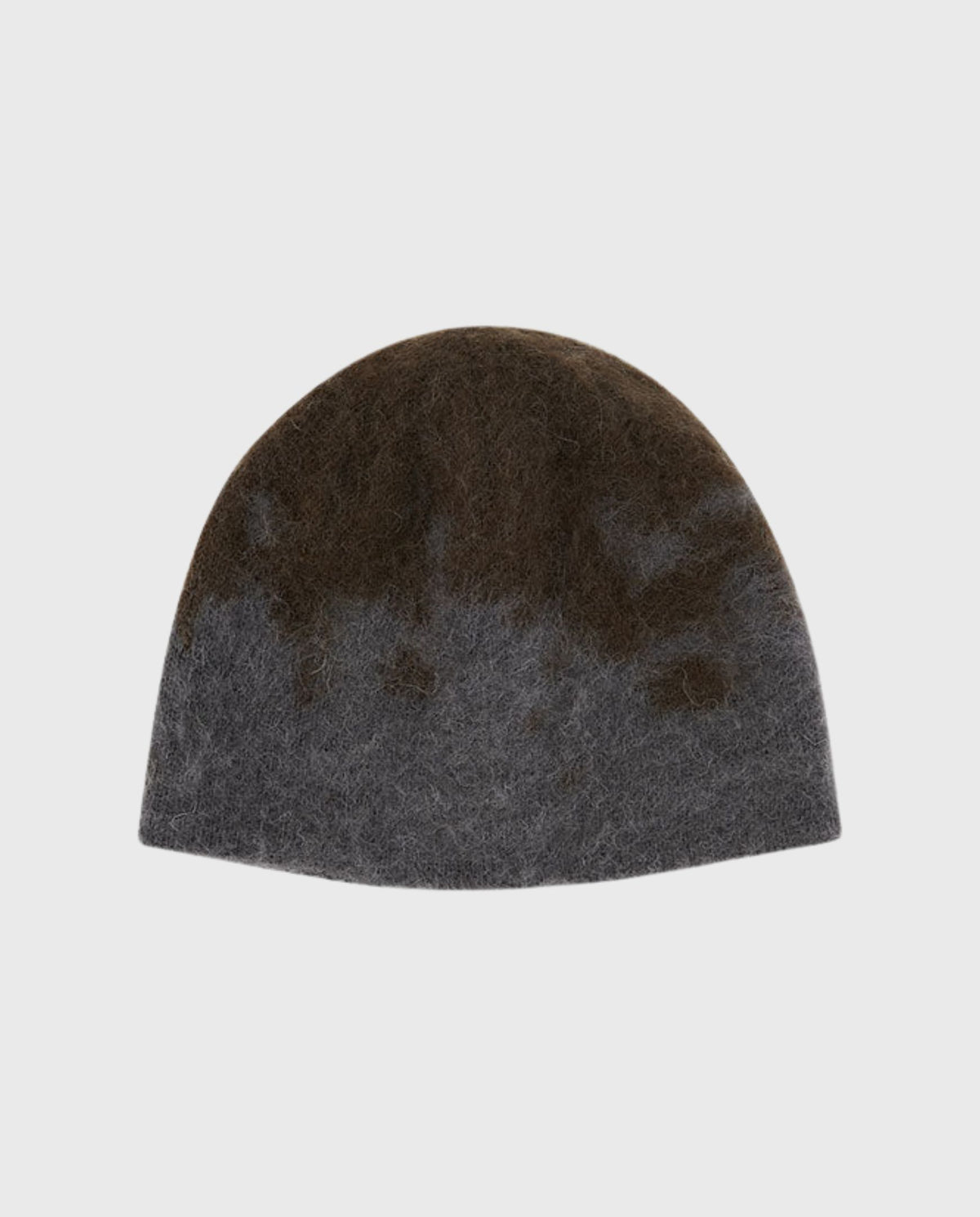 Donkere grijze mohair beanie met spetterpatroon, plat bovenaan