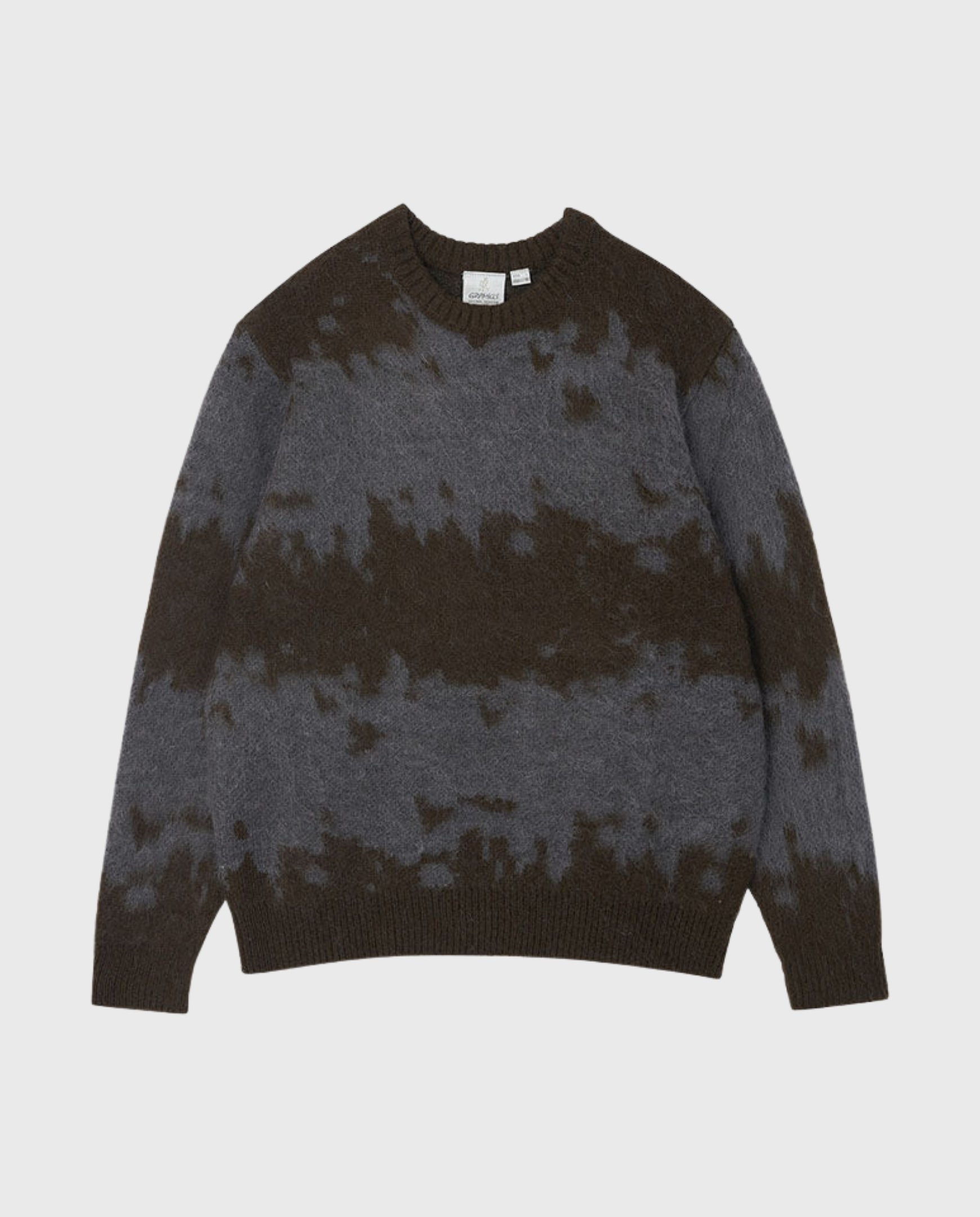 Mohair-splattertrui met ronde hals, lange mouwen; bruine en grijze spetters