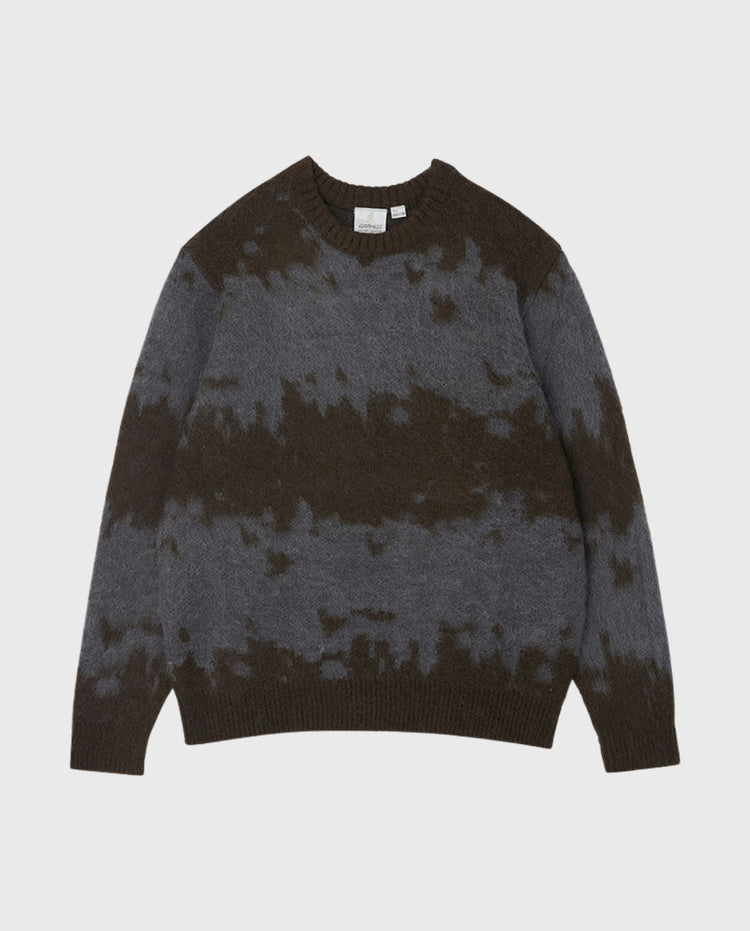 Mohair-splattertrui met ronde hals, lange mouwen; bruine en grijze spetters