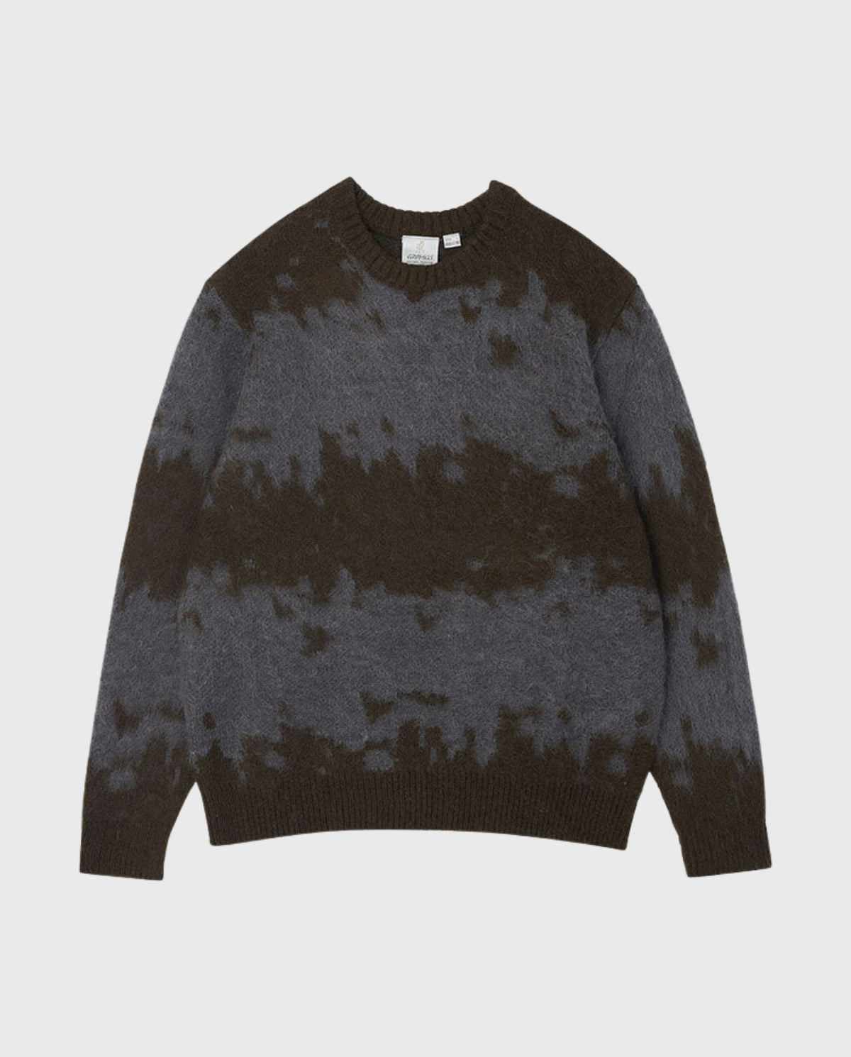 Mohair-splattertrui met ronde hals, lange mouwen; bruine en grijze spetters