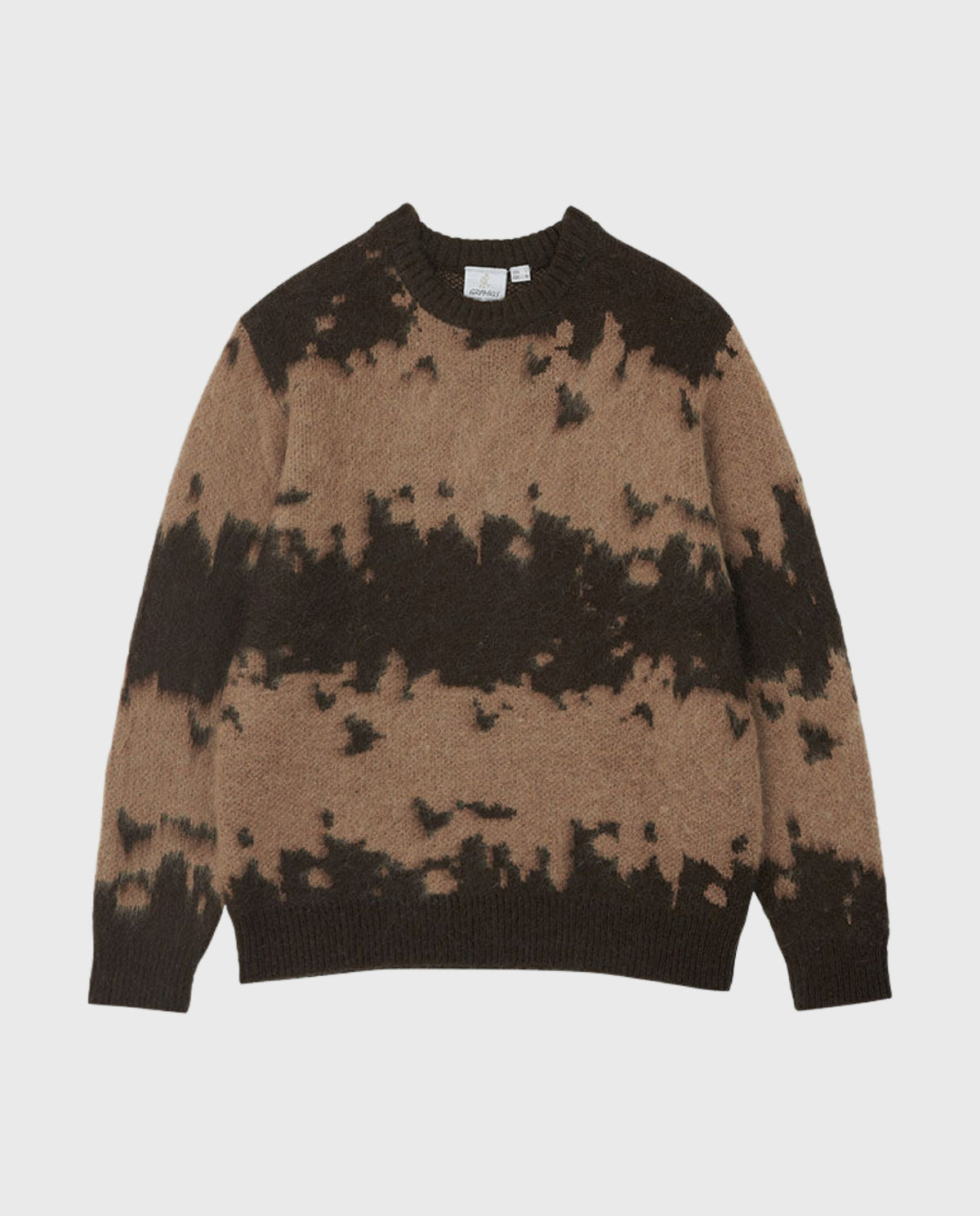 Mannelijke mohair trui met taupe basis en donkerbruine splatterprint, ronde hals met label