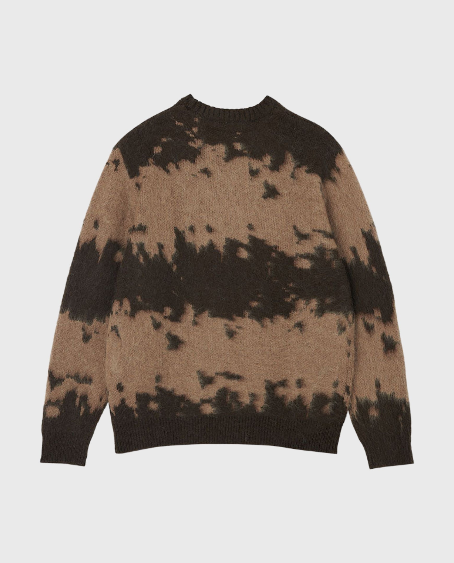 Mannelijke mohair trui met taupe basis en donkerbruine splatterprint, ronde hals