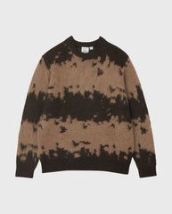 Mannelijke mohair trui met taupe basis en donkerbruine splatterprint, ronde hals met label