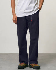 Donkerblauwe twill broek met gulp en klein logodetail op het bovenbeen