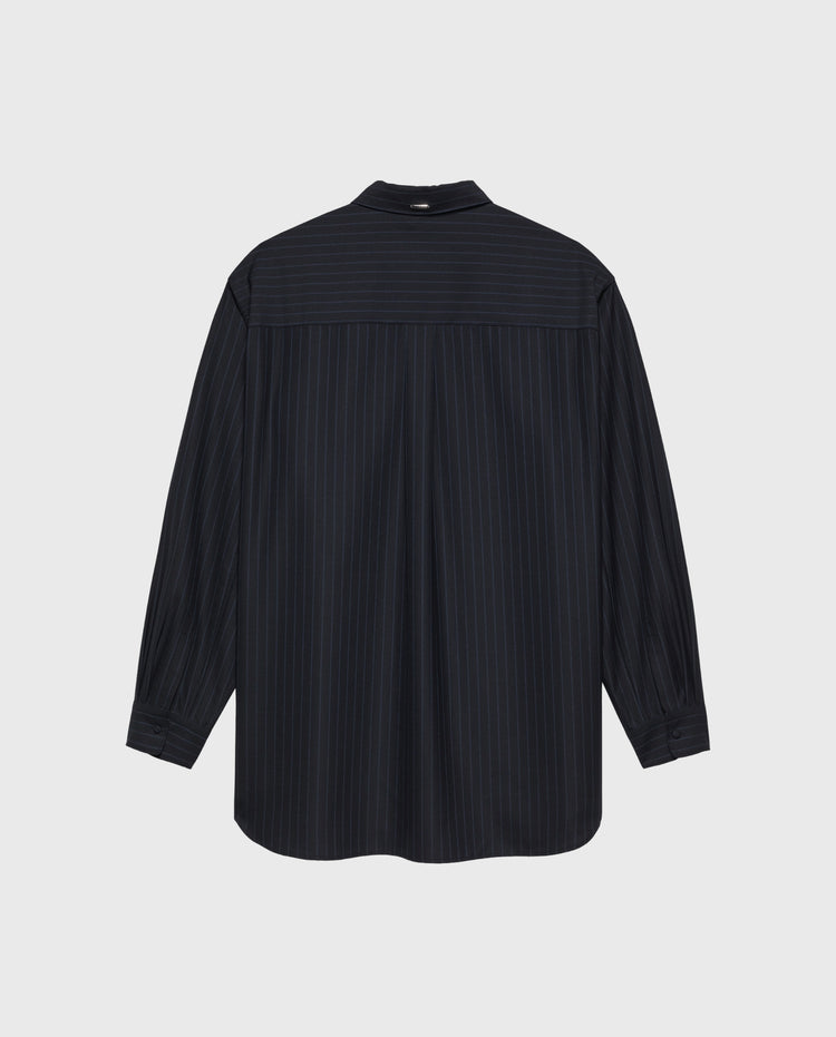Wollen oversized overhemd met knoopsluiting, donkerblauw met fijne streepjes, achterzijde