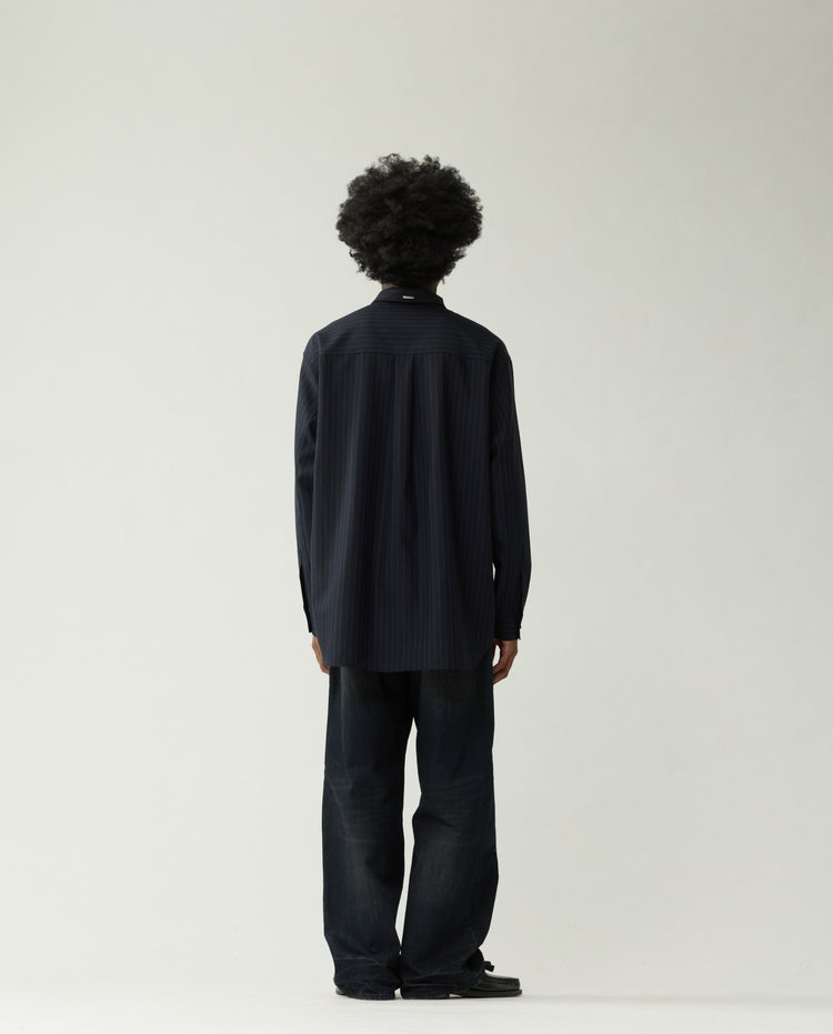 Wollen oversized overhemd, donkerblauw gestreept, lange mouwen, rug met naaddetail